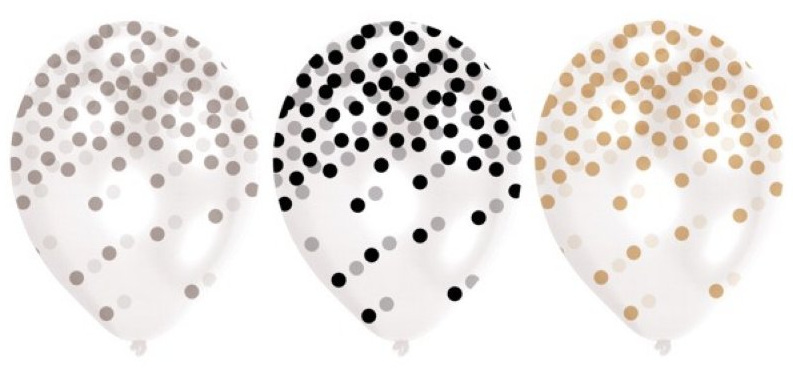 6 Ballone Konfetti assortiert für Neu Jahr: gold, silber, schwarz